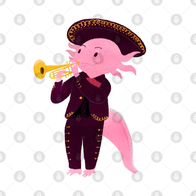 Axolotl with mariachi costume playing the trumpet, Digital Art illustration by KookyAngie