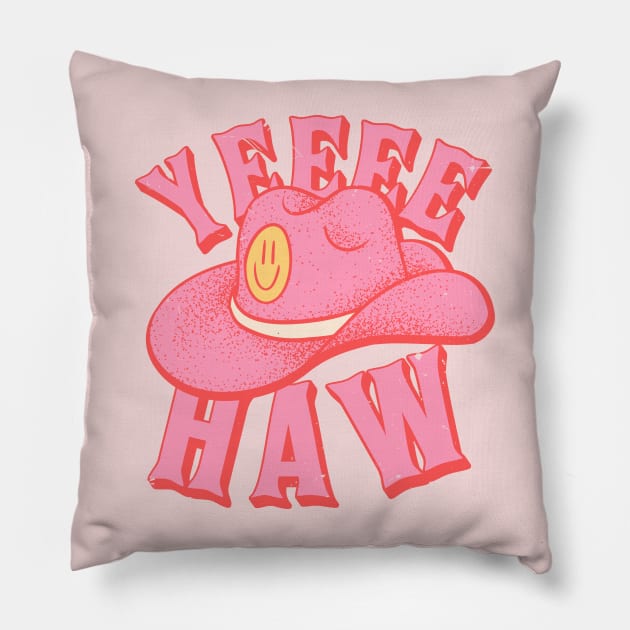 Yeehaw | Pink Cowboy hat with Yellow Smiley Face Cowgirl YEE HAW Pillow by anycolordesigns