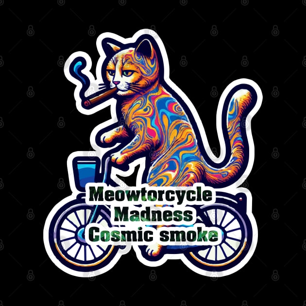 Psychedelic Cat on a Bike Smoking a Cigarette - Meowtorcycle madness by diegotorres