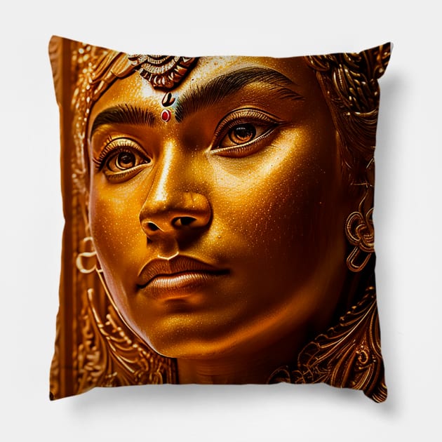 Golden face of the holy youth Buddha Pillow by Marccelus