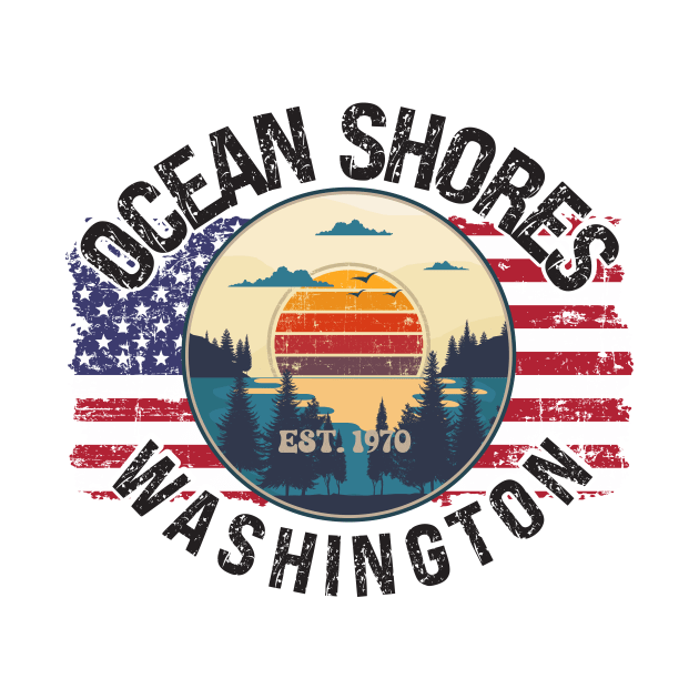 OCEAN SHORES WASHINGTON EST 1970 BEACH SUNSET USA FLAG by HomeCoquette