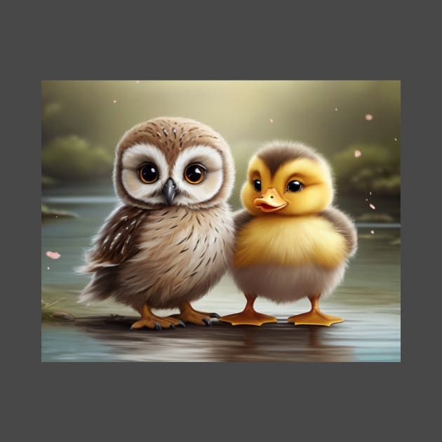 Cute Baby Owl and Baby Yellow Duck Best Friends. by susiesue