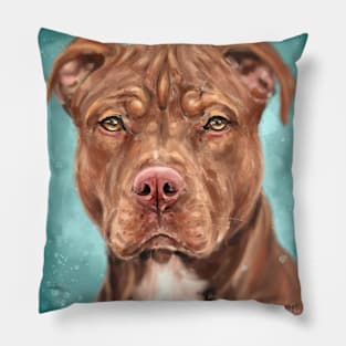 Painting of a Majestic Red Nose Pit Bull With Soulful Eyes, on Bluish Green Background Pillow