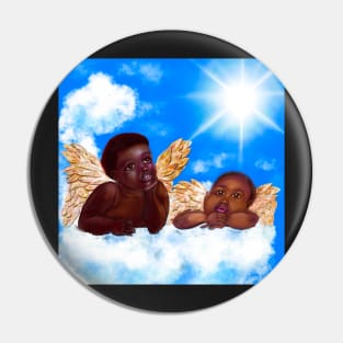 Cherubim- brown skin cherubs with curly Afro Hair and gold wings deep in thought on a cloud Pin