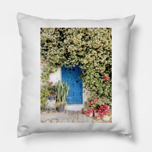 Blue door with pink blossom, Sidi Bou Saïd Pillow