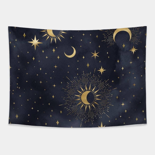 Celestial Starry Sky Gold Moon Tapestry by UniqueMe