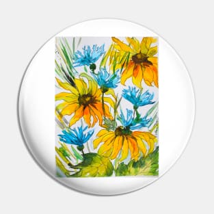Cornflowers and Rudbeckia Watercolor Painting Pin