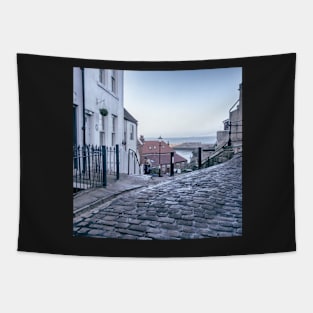 Whitby town cobbled streets and seaview Tapestry