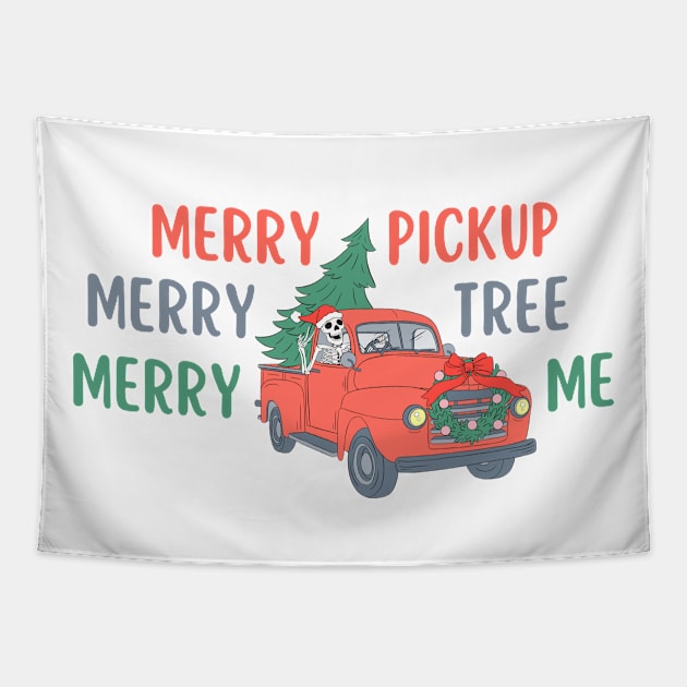 Funny Christmas Skeleton Wearing Santa Hat, Pickup Truck with Tree Tapestry by TheCloakedOak