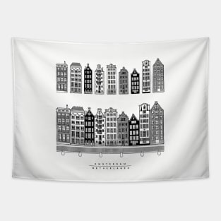 Old houses of Amsterdam, Netherlands. Realistic black and white poster. Tapestry