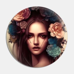 Beaux Animes Art, Beautiful Anime Girl with flowers in her hair and scars on her face Design Pin