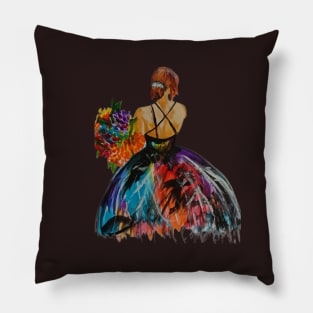 Girl with Bouquet: Radiant Elegance Pillow