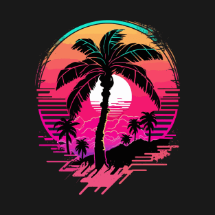 Synthwave Glitch Island Sunset Synth Aesthetic Silhouette T-Shirt