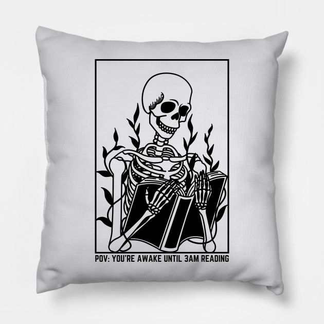 skeleton reading book at 3am Pillow by saiinosaurus