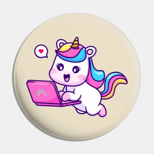 Cute Unicorn Working On Laptop Cartoon Pin