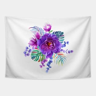 Colorful summer ptropical bouquet, peony flower, palm leaves Tapestry