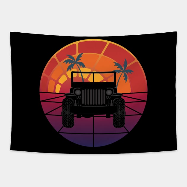 Retro Sunrise Jeep Tapestry by SunGraphicsLab