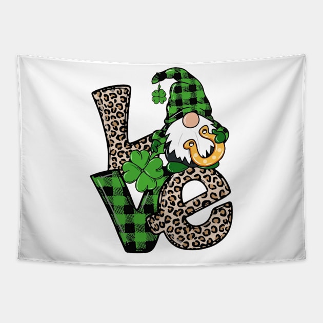 Love St Patricks Day Gnome Leopard Shamrock Tapestry by celestewilliey