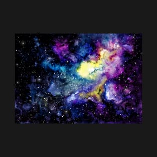 Watercolor Starry Sky, Violet Nebula and Yellow Shine T-Shirt