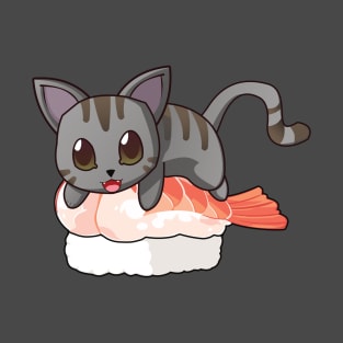 Grey Cat Shrimp Sushi T-Shirt