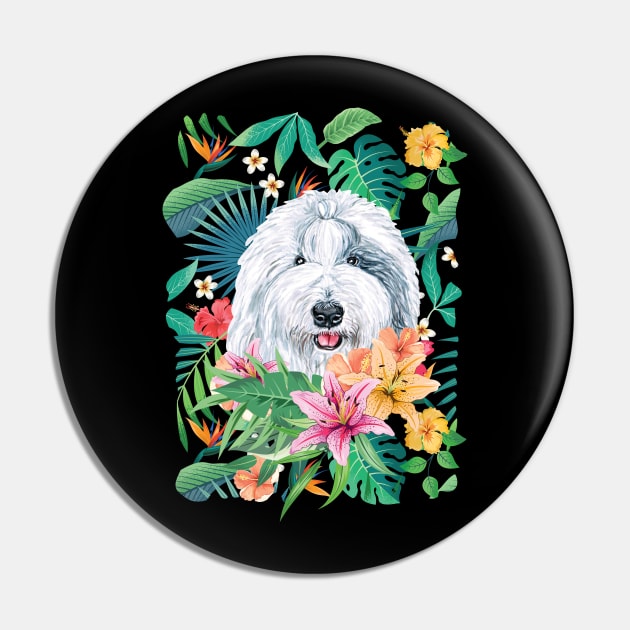Tropical Old English Sheepdog Pin by LulululuPainting