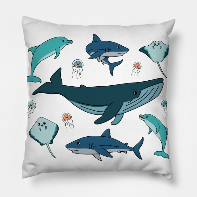 cartoon ocean and sea happy animals. Whale, dolphin, shark, stingray of two types, jellyfish Pillow by essskina
