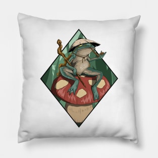 Sage frog chilling on toadstool black diamond frame version Pillow