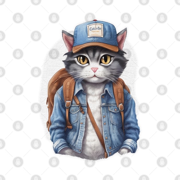 Cute street street cat wearing a hoodie and a backpack by JnS Merch Store