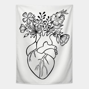 Floral Human Heart Anatomy | Line Art Tapestry