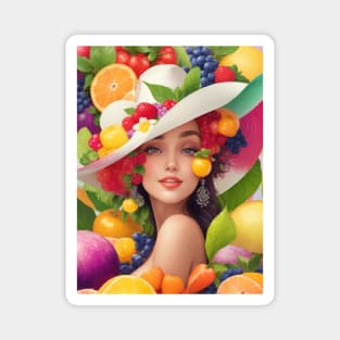 А woman with a white hat and some colorful fruity Magnet