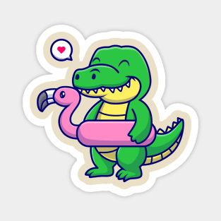 Cute Crocodile With Flamingo Swimming Tires Cartoon Magnet