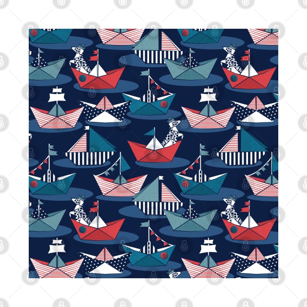 Origami dog day at the lake // pattern // navy blue background red teal and blue origami sail boats with cute Dalmatian by SelmaCardoso