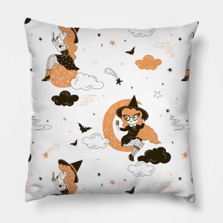 Selfie Taking Cool Urban Girl Witch Cartoon Pattern on Ghost White Pillow