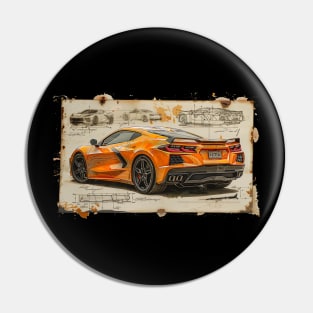 Orange C8 Corvette Design Drawing Supercar Racecar Muscle Car Printed on Back Amplify Orange Corvette C8 Pin