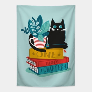 One more chapter // spot // aqua background black cat striped mug with plants red teal and yellow books with quote Tapestry