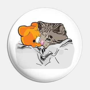 Sad Kitten Cat Crying bed with Teddy Meme Pin