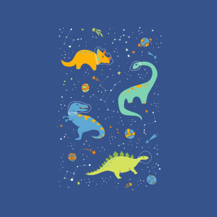 Astronaut Dinosaurs on Blue T-Shirt