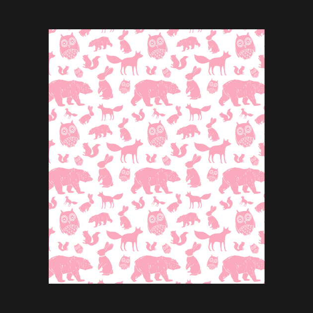 Pink Woodland Animals Owl Bear Fox Pattern by dreamingmind