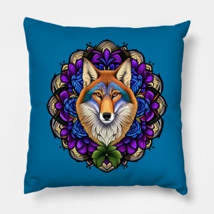 A Coyote Surrounded By A Wreath Of Pasque Flower Tattoo Art Pillow