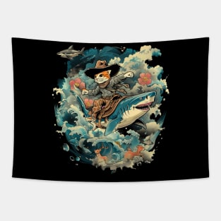 Cat Riding Shark Underwater Excitement Tapestry