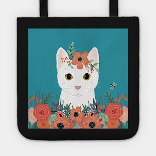 The cute white cat queen is watching you from the flowerbed Tote