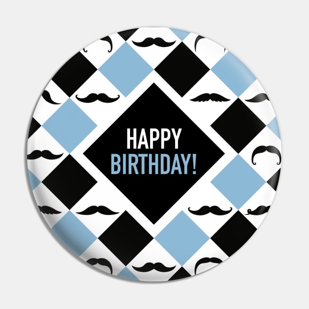 Happy Birthday! Mustaches Black & Blue Pin by Pinkdeer