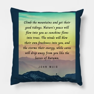 John Muir quote: Climb the mountains and get their good tidings. Nature's peace will flow into you as sunshine flows into trees. The winds will blow their own freshness into you... Pillow