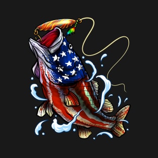 Bass Fishing - American Flag - Fourth Of July T-Shirt