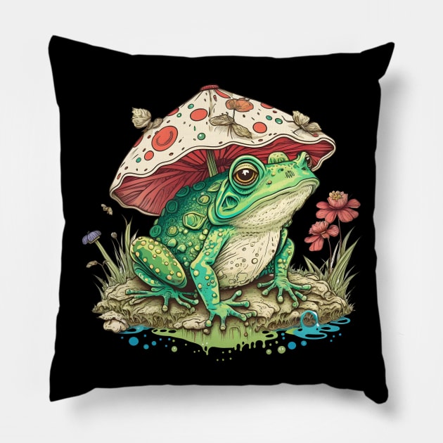 Cottagecore Aesthetic Frog under Mushroom Vintage Pillow by Ai Wanderer