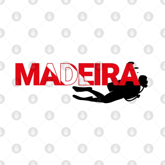 The word Madeira filled with the diving flag colours and a scuba diver by Donaby