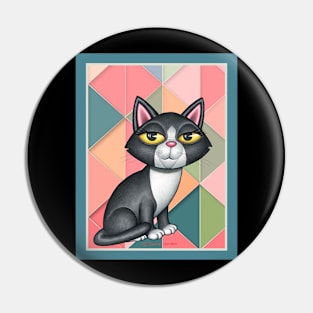 Black white kitty cat on art deco in greens and orange Pin