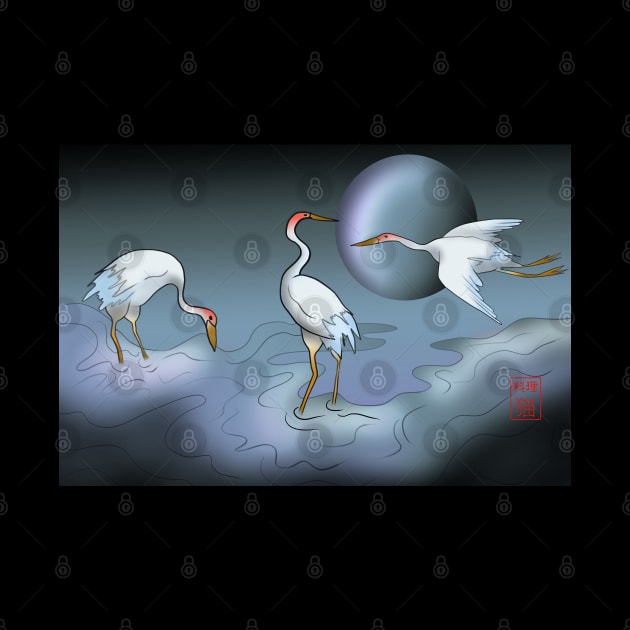 Japanese cranes in a moonlit stream by cuisinecat