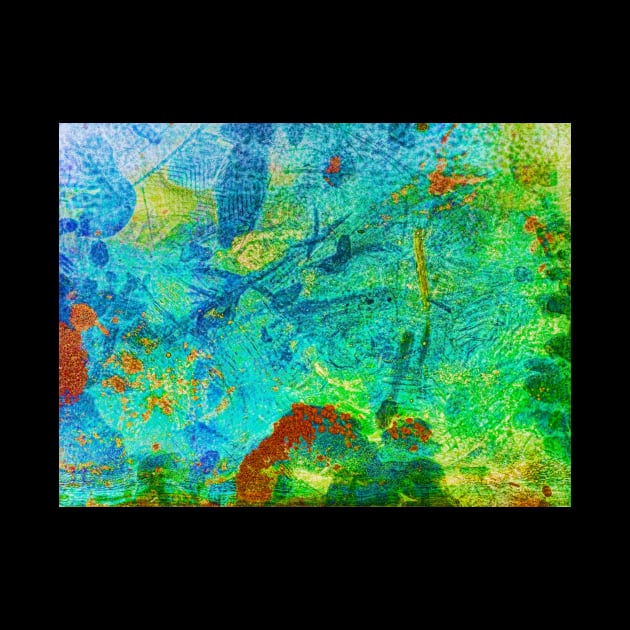 Abstract textured turquoise, orange, blue and green color contrast photographic metallic background. by Earthworx