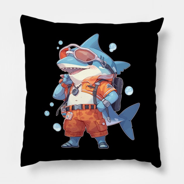 Funny Anime Shark Scuba Diver Pillow by DanielLiamGill